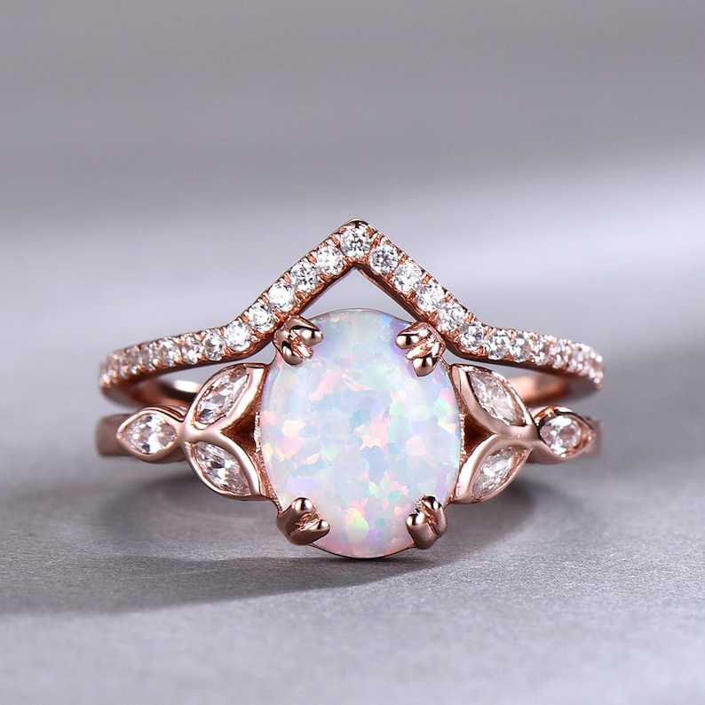 Opal Wedding Ring Set Opal Ring White Fire Opal Floral - Etsy