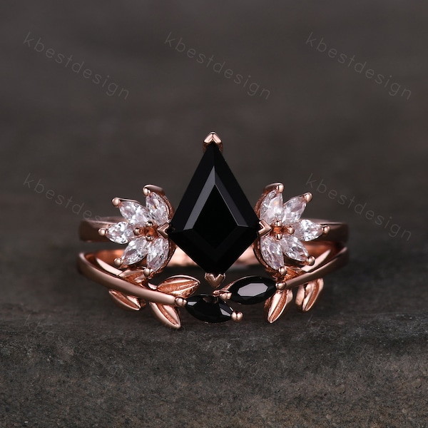 Vintage black onyx engagement ring kite cut ring rose gold ring art deco leaf stacking band unique moissanite cluster wedding ring set