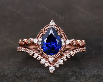 Vintage blue sapphire engagement ring set rose gold ring art deco curved stacking band pear shaped bridal set unique moissanite wedding set