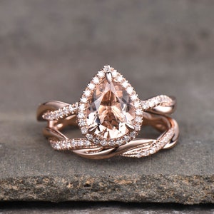 Vintage Morganite Engagement Ring Set Teardrop Morganite Ring Twist Wedding Band Engagement Ring Promise Ring Bridal Set Rose Gold