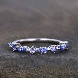 Art Deco Vintage Tanzanite Wedding Band/ Round and Marquise Band/ Half Eternity Stackable Band/ Sterling Silver Ring/ Tanzanite Ring