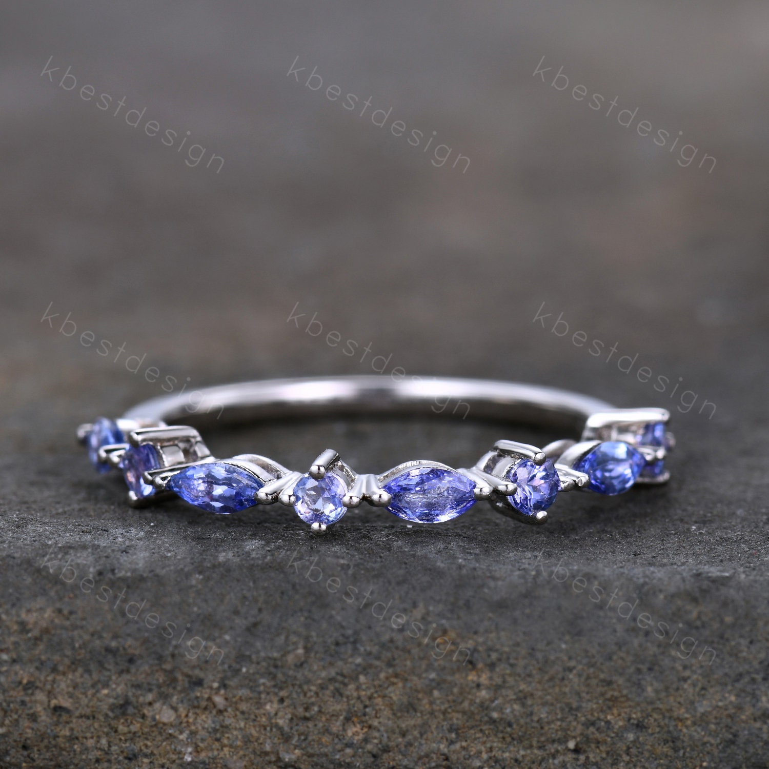 Art Deco Vintage Tanzanite Wedding Band Round and Marquise Band Half Eternity Stackable Band Sterling Silver Ring Tanzanite Ring Etsy
