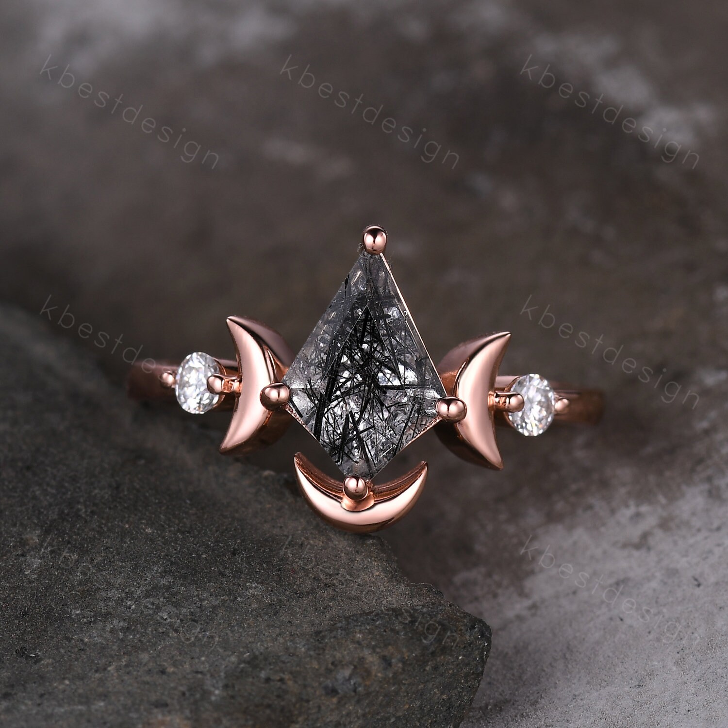 Antique Black Rutilated Quartz Engagement Ring Unique Moon Antique Black Rutilated Quartz Engagement Ring Unique Moon