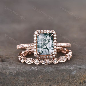 Vintage Emerald cut moss agate engagement ring set 14k rose gold art deco wedding ring for women unique bridal promise ring set Anniversary