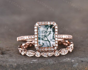 Vintage Emerald cut moss agate engagement ring set 14k rose gold art deco wedding ring for women unique bridal promise ring set Anniversary