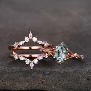 Vintage Hexagon cut Moss Agate Ring Rose Gold Engagement Ring Set Unique Double Curved Moissanite Band Art Deco Wedding Bridal Ring Set