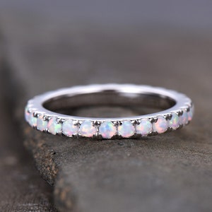 Opal Ring,Opal Wedding Band,Eternity Band,Opal Stacking Ring,Matching Band,Promise Ring,Anniversary,Gift for Women,White Gold,October Ring