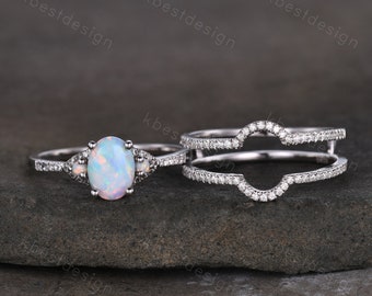 Vintage Opal engagement ring sterling silver wedding ring set double curved women stacking ring unique moissnaite bridal wedding ring set