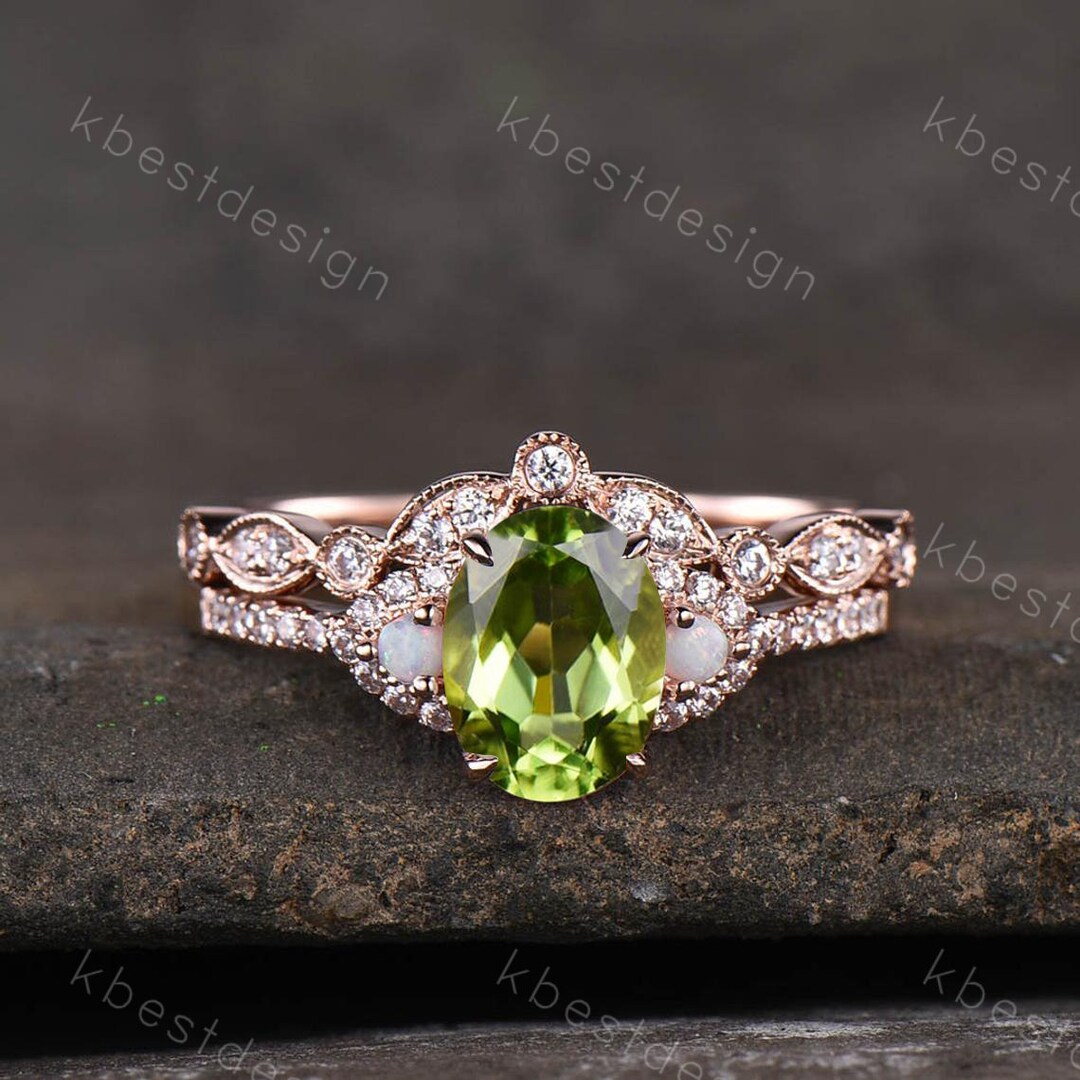 Vintage Peridot Engagement Ring Set Oval Green Peridot Ring Vintage Peridot Engagement Ring Set Oval Green Peridot Ring