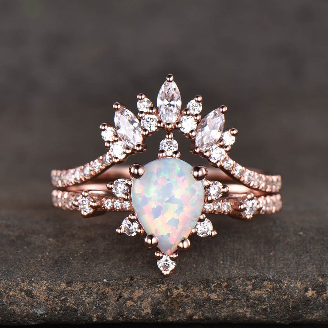 Vintage Opal Engagement Ring Set, Women Rose Gold Rings, Pear Shaped ...
