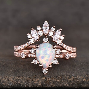 Vintage Opal Engagement Ring Set, Women Rose Gold Rings, Pear Shaped White Opal Ring, Unique Cluster Stacking Band, Promise Gift