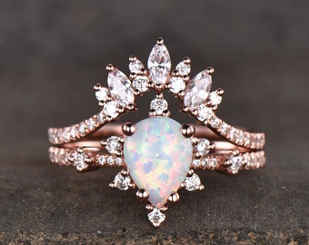 Vintage Opal Engagement Ring Set, Women Rose Gold Rings, Pear Shaped White Opal Ring, Unique Cluster Stacking Band, Promise Gift