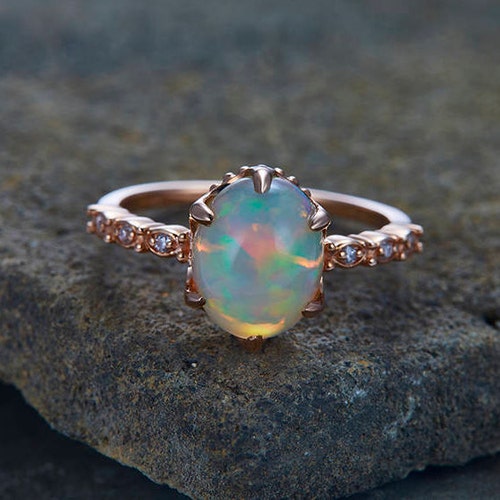 Vintage Wedding Band Rose Gold Opal Wedding Ring Cluster Stone | Etsy