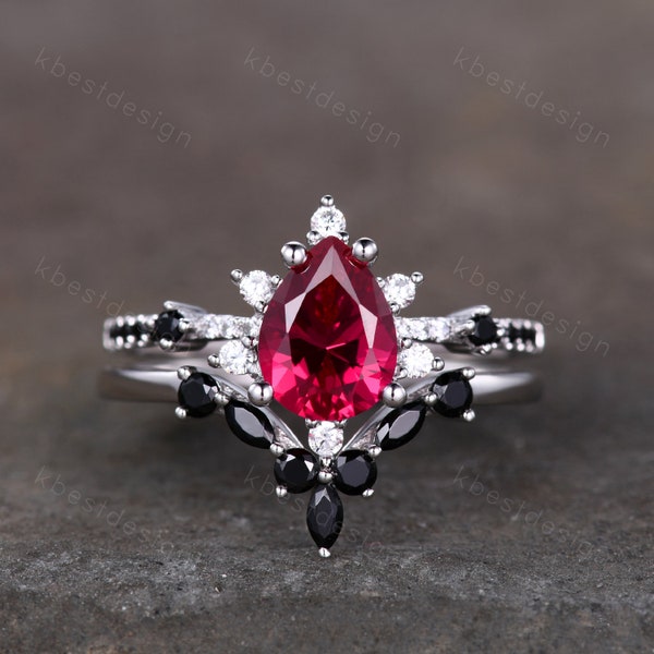 Pear shaped Ruby engagement ring set unique vintage black spinel ring women silver wedding rings art deco stacking band Bridal promise set