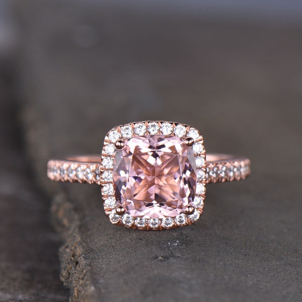 Pink Morganite Ring 8mm Cushion Morganite Engagement Ring Halo Ring Statement Ring Sterling Silver Ring 14K Rose Gold Ring Promise Ring