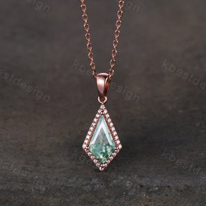 Kite cut green moss agate necklace solid 14k rose gold vintage unique customized pendant necklace for women gemstone bridal anniversary gift