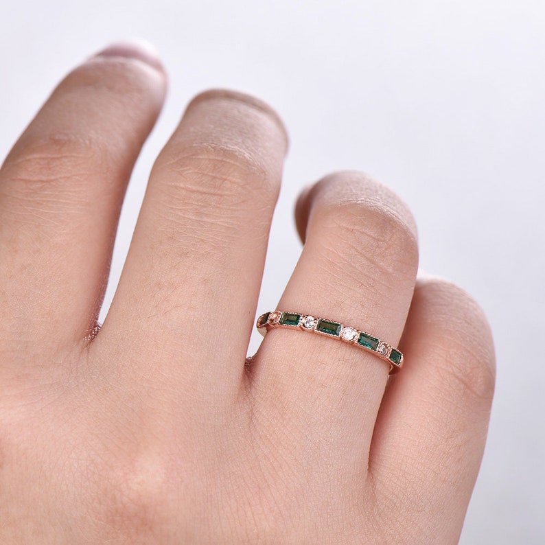 Emerald Wedding Band Half Eternity Band Art Deco Stacking Wedding Ring Anniversary Ring Sterling Silver Rose Gold Plated Milgrain image 5