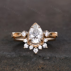 Pear shaped Moissaite engagement ring set unique Curved moissanite stacking band 14K solid gold rings art deco wedding Bridal ring set