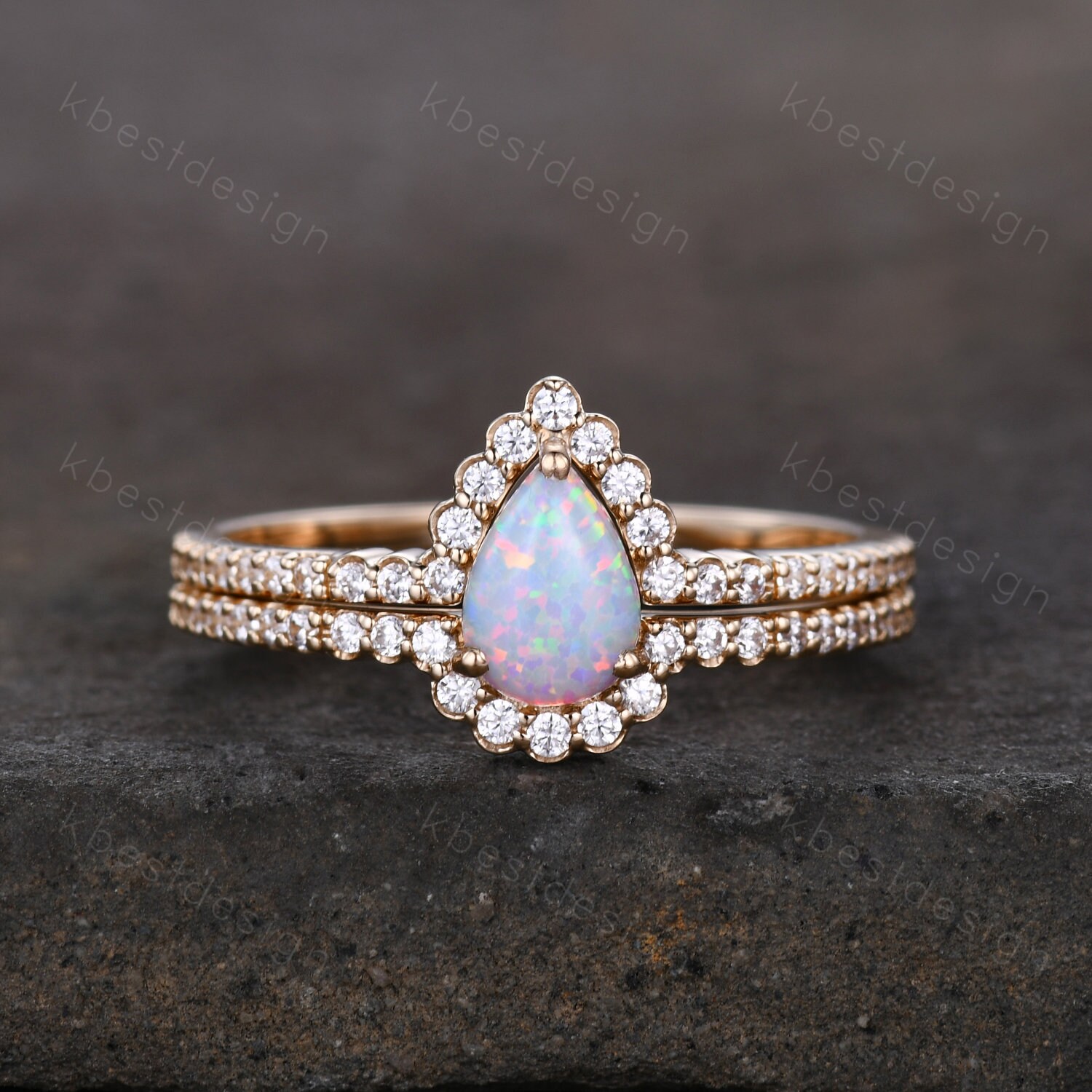 Delicate Opal Engagement Ring Set, 14K Solid Gold Opal Wedding