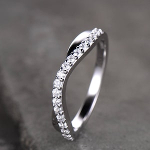 Curve Wedding Band Plain White Gold Band Unique Wedding Ring Chevron Ring CZ Man Made Diamond Eternity Band 925 Sterling Silver Ring