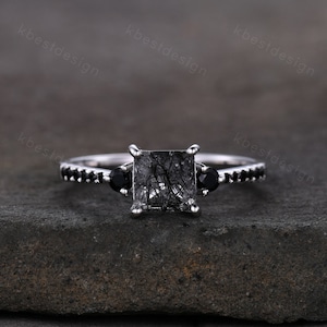 Princess Cut Natural Black Rutilated Quartz Engagement Ring Unique Black Spinel Ring Sterling Silver Ring Three stone ring Promise Ring