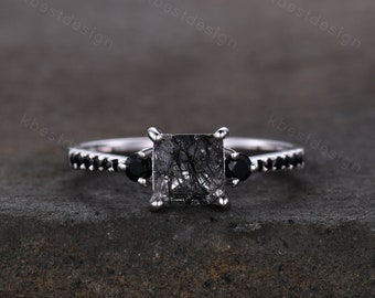 Princess Cut Natural Black Rutilated Quartz Engagement Ring Unique Black Spinel Ring Sterling Silver Ring Three stone ring Promise Ring