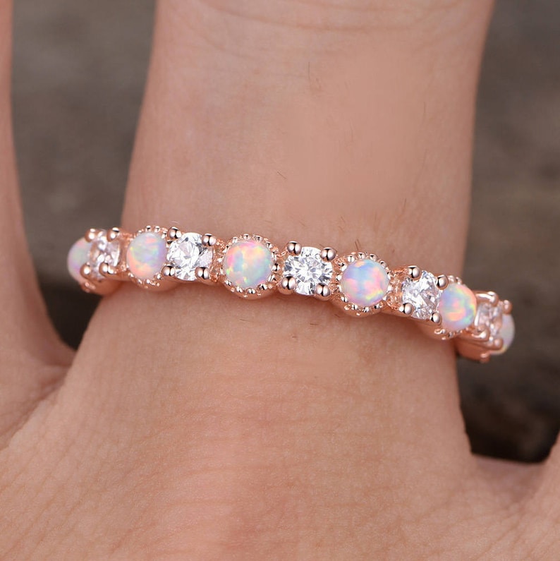 Opal Wedding Ring/Opal ring/Opal Wedding Band/Rose Gold Plated/Sterling Silver/CZ Diamond Enternity band/Vintage Opal Diamond Ring/ image 6