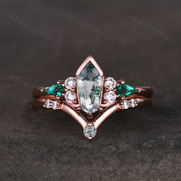 Vintage coffin moss agate engagement ring set rose gold kite cut emerald cluster ring women unique art deco bridal wedding ring set