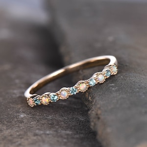 Alexandrite Opal Ring, Opal Wedding Ring, Gemstone Band, Unique Wedding Band, Stacking Ring, Gold Ring, Anniversary Gift