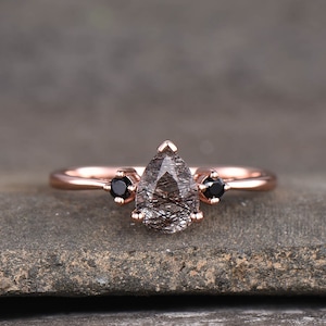 Black Quartz Rutilated Engagement Ring Dainty Rose Gold Ring Black Gemstone Ring Antique Bridal Ring Anniversary Gift Handmade Ring