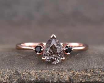 Black Quartz Rutilated Engagement Ring Dainty Rose Gold Ring Black Gemstone Ring Antique Bridal Ring Anniversary Gift Handmade Ring