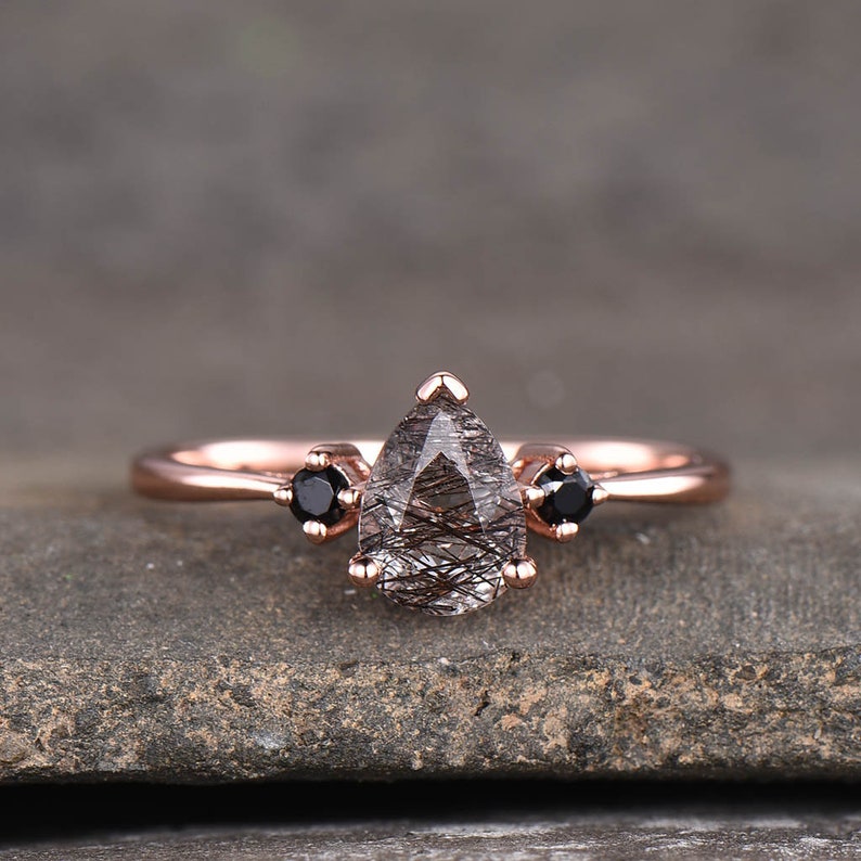 Black Quartz Rutilated Engagement Ring Dainty Rose Gold Ring Black Gemstone Ring Antique Bridal Ring Anniversary Gift Handmade Ring 