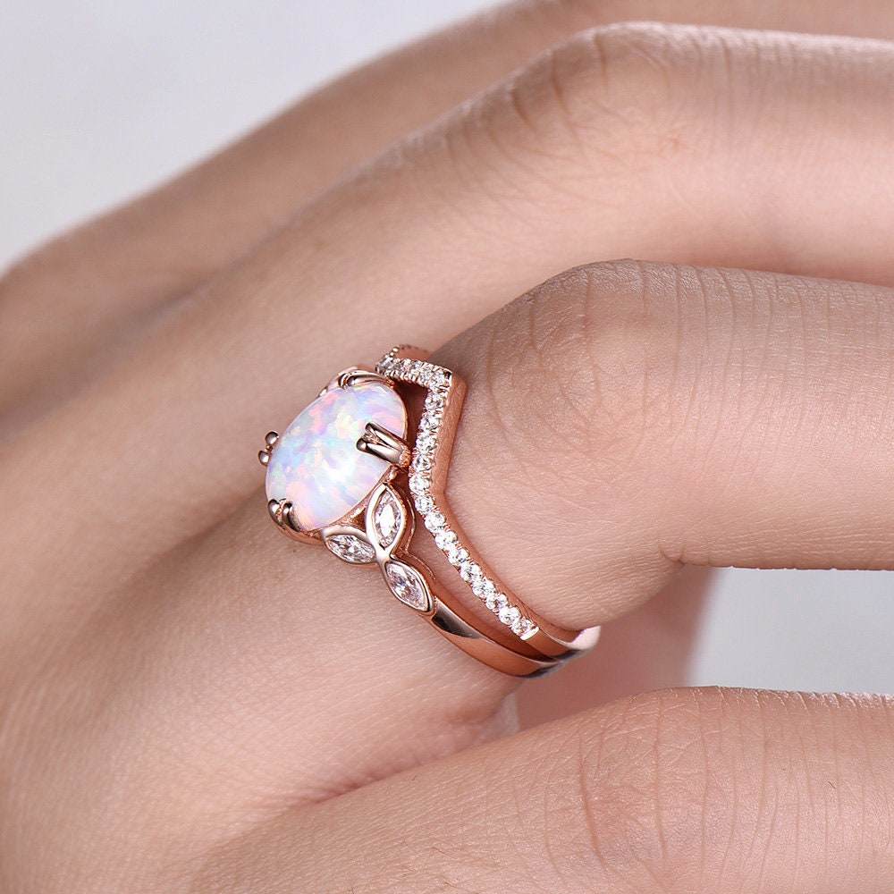 Opal Wedding Ring Set Opal Ring White Fire Opal Floral Etsy