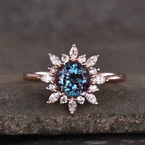 Vintage Alexandrite Engagement Ring, Rose Gold Ring, Snowflake Alexandrite Ring, June Birthstone Promise Ring, Color Changing Stone