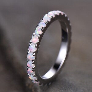 Opaal Ring, Opaal Trouwring, Eternity Band, Opal Stapeling Ring, Bijpassende Band, Belofte Ring, Verjaardag, Cadeau voor Vrouwen, Wit Goud, Oktober Ring afbeelding 5