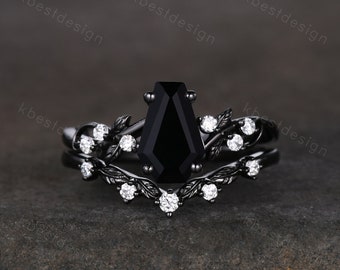 Vintage coffin cut black onyx engagement ring set black gold twig leaf moissanite ring nature branch ring unique bridal wedding ring set
