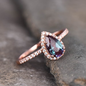 Alexandrite Ring, Dainty Ring, Pear Cut Alexandrite Engagement Ring, Halo Ring, June Birthstone Ring, Promise Ring, Gift For Her image 1