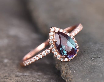 Alexandrite Ring, Dainty Ring, Pear Cut Alexandrite Engagement Ring, Halo Ring, June Birthstone Ring, Promise Ring, Gift For Her