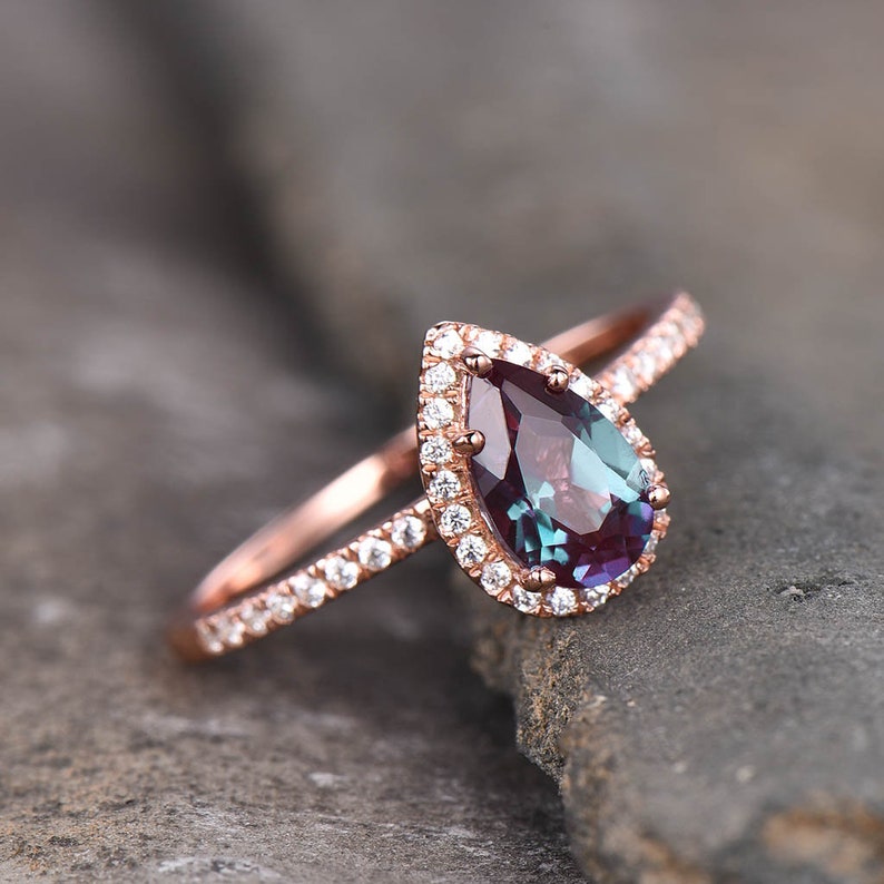 Alexandrite Ring, Dainty Ring, Pear Cut Alexandrite Engagement Ring, Halo Ring, June Birthstone Ring, Promise Ring, Gift For Her image 1