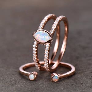 Opal Wedding Ring Set Opal Ring Split Shank Engagment Ring Rose Gold Plated Unique Opal Wedding Band Bezel Set Silver Bridal Ring Set