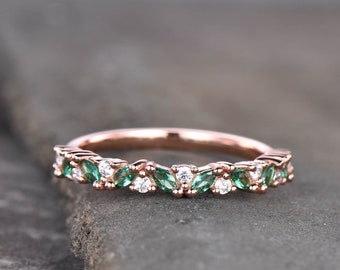 Vintage Emerald Ring, Emerald and CZ Ring, May Birthstone Ring, Rose Gold Emerald Ring, Emerald Stacking Ring, Gemstone Ring