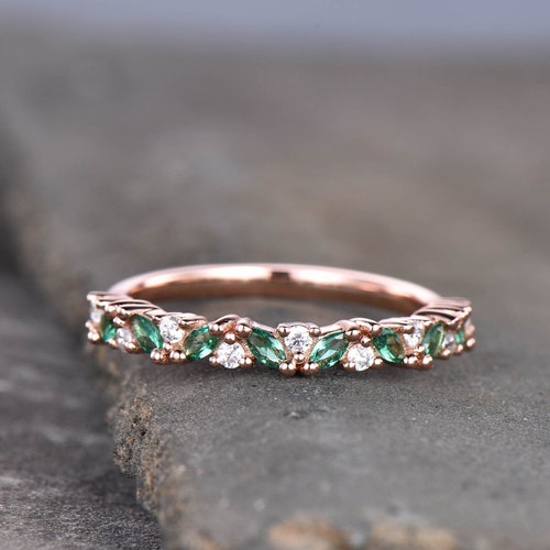 Vintage Emerald Ring, Emerald and CZ Ring, May Birthstone Ring, Rose Gold Emerald Ring, Emerald Stacking Ring, Gemstone Ring
