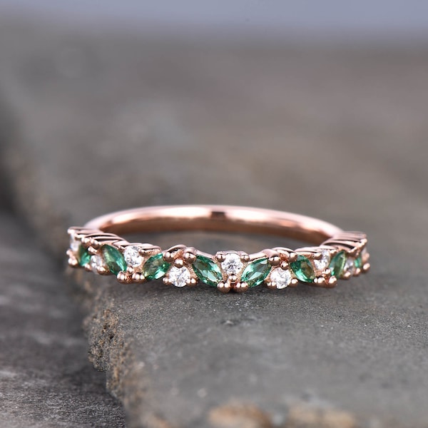 Vintage Emerald Ring, Emerald and CZ Ring, May Birthstone Ring, Rose Gold Emerald Ring, Emerald Stacking Ring, Gemstone Ring