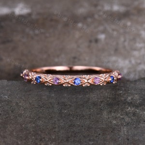 Antique Sapphire Wedding Band Women Rose Gold Band Amethyst Band Vintage Wedding Ring September Birthstone Stacking Ring Anniversary Gift image 4
