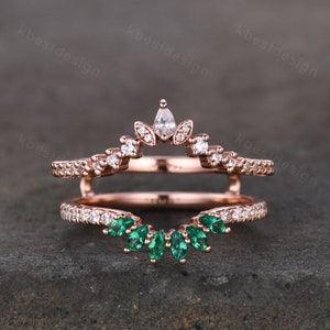 Double curved Moissanite/Emerald wedding band vintage Rose gold marquise emerald cluster band Half eternity stacking band Promise gift image 1