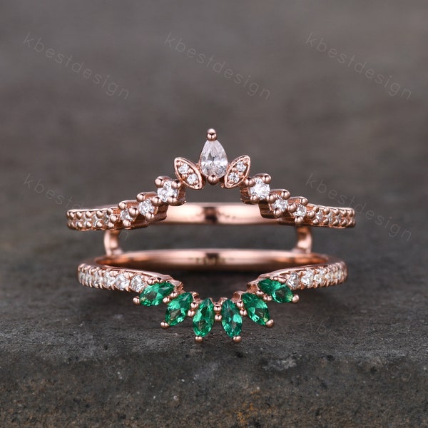 Double curved Moissanite/Emerald wedding band vintage Rose gold marquise emerald cluster band Half eternity stacking band Promise gift