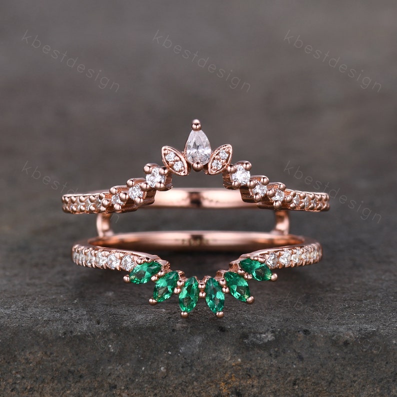 Double curved Moissanite/Emerald wedding band vintage Rose gold marquise emerald cluster band Half eternity stacking band Promise gift image 1