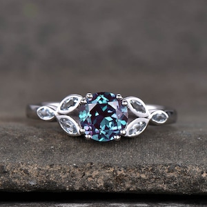 Alexandrite Ring, Sterling Silver Ring, Round Alexandrite Engagement Ring, Marquise Aquamarine Cluster Ring, Promise Ring, June Birthstone