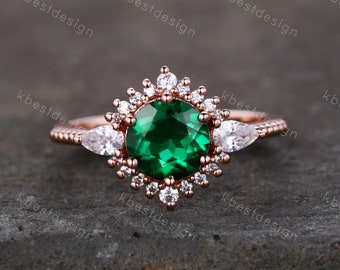 Emerald Ring, Vintage Emerald Engagement Ring, Rose Gold Emerald Ring, May Birthstone, Antique Promise Ring, Anniversary Gift For Her