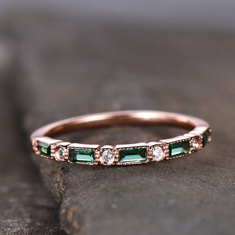 Emerald Wedding Band Half Eternity Band Art Deco Stacking Wedding Ring Anniversary Ring Sterling Silver Rose Gold Plated Milgrain image 3